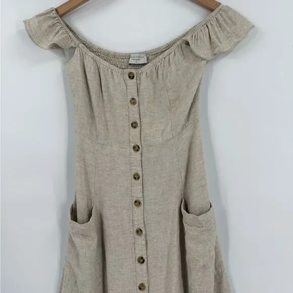 Dress Forum Linen Blend Off Shoulder Smocked Back Dress in Natural | Small - Picture 4 of 6
